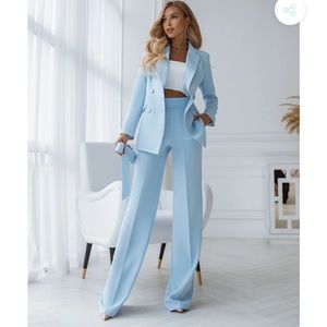 Sky-Blue Belted Double Breasted Suit 2-Piece